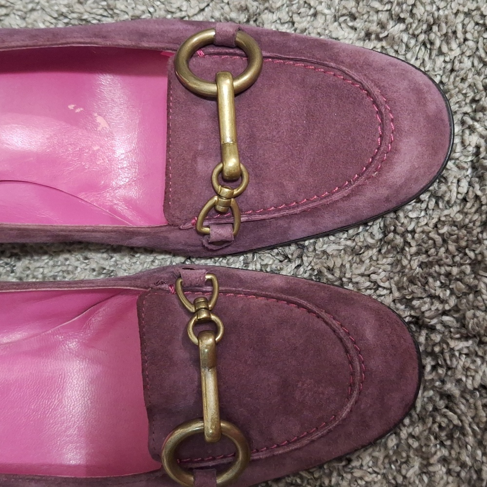 Coach "Aubry" leather suede slip-on loafer heels brass accent - 10 - merlot red - Picture 11 of 11